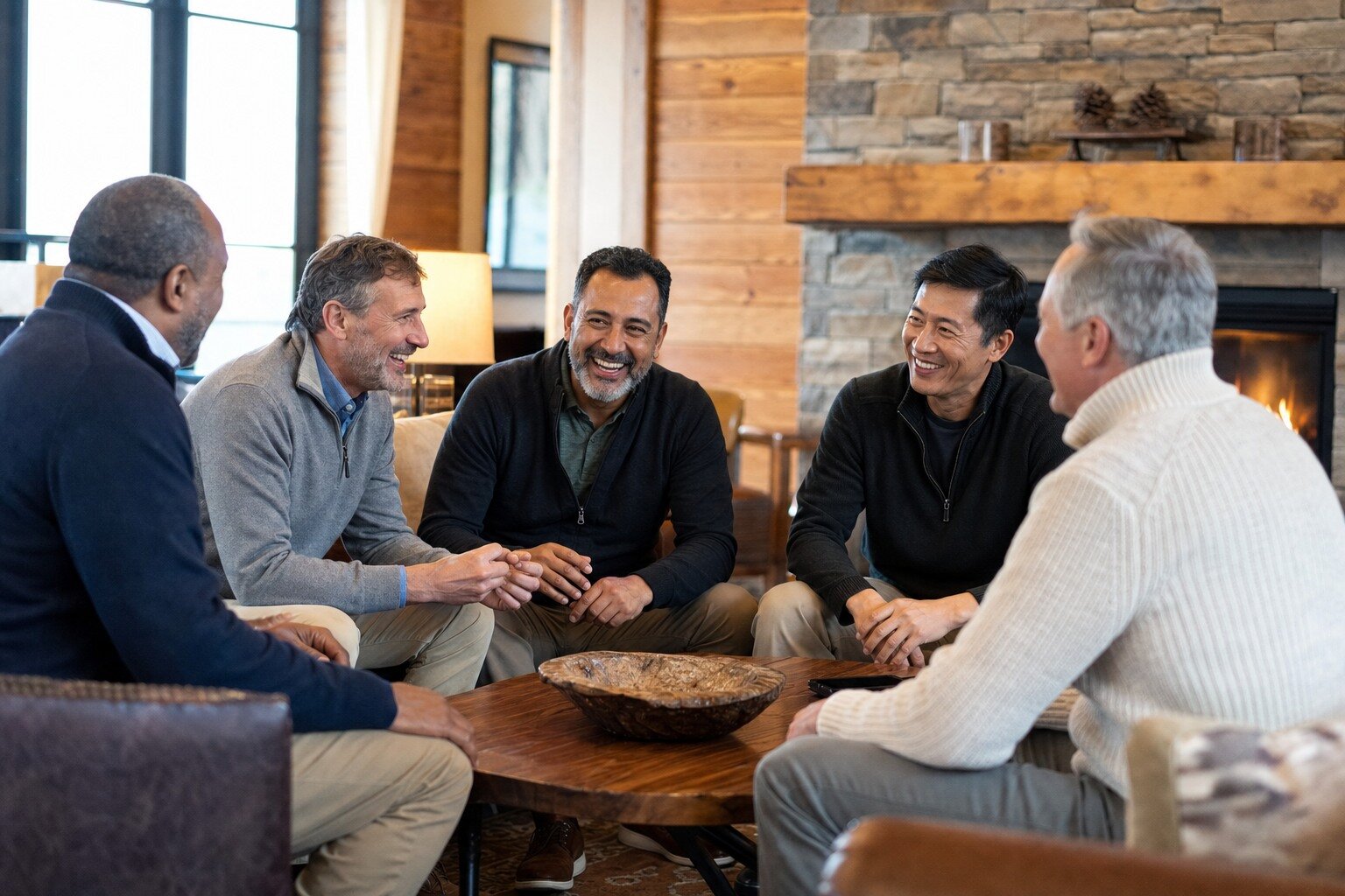 Five men in their forties to sixties laughing together by a lodge fireplace